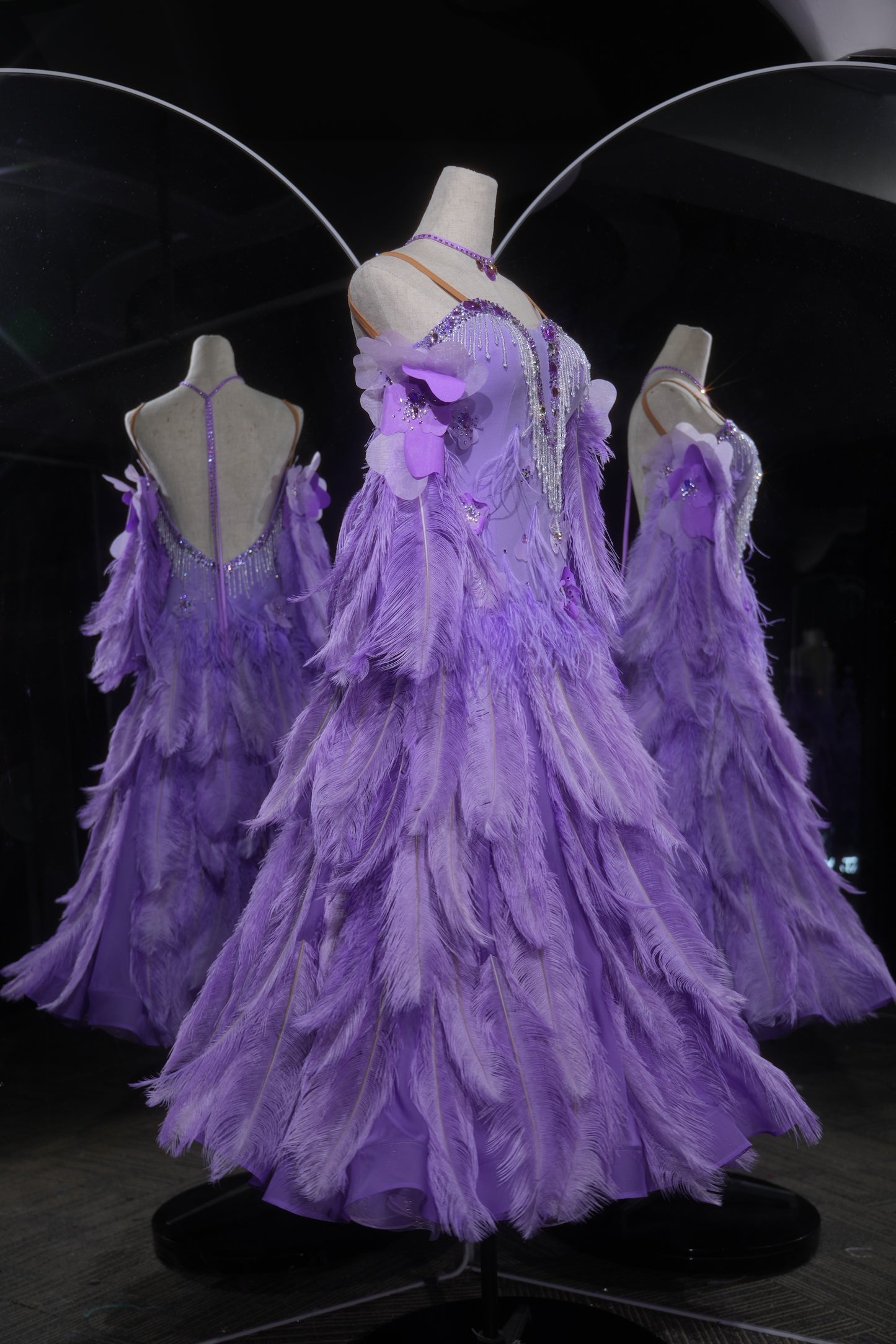 MINEJAS.L543 Purple Feather Ballroom Dance Dress with Rhinestone Fringe Bodice | Strappy Standard Competition Gown