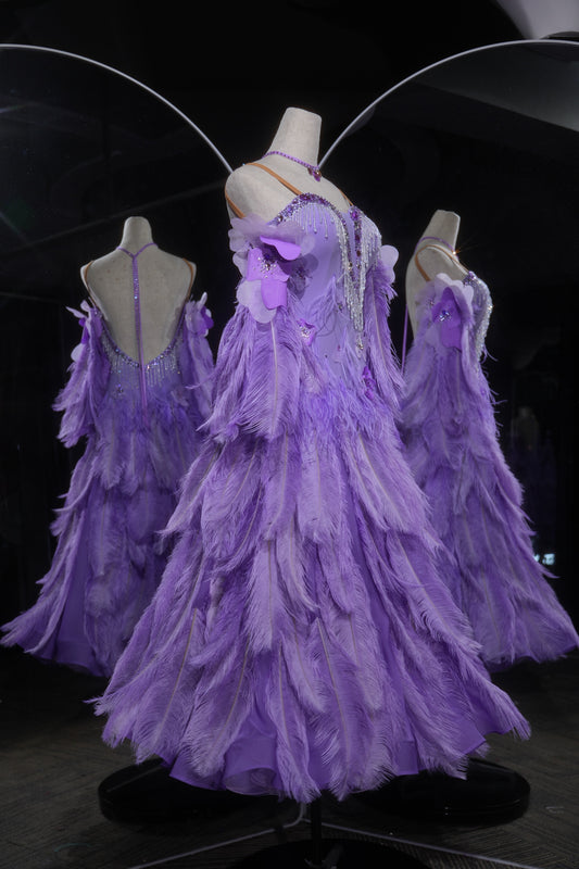 MINEJAS.L543 Purple Feather Ballroom Dance Dress with Rhinestone Fringe Bodice | Strappy Standard Competition Gown