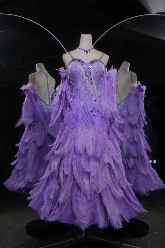 MINEJAS.L543 Purple Feather Ballroom Dance Dress with Rhinestone Fringe Bodice | Strappy Standard Competition Gown