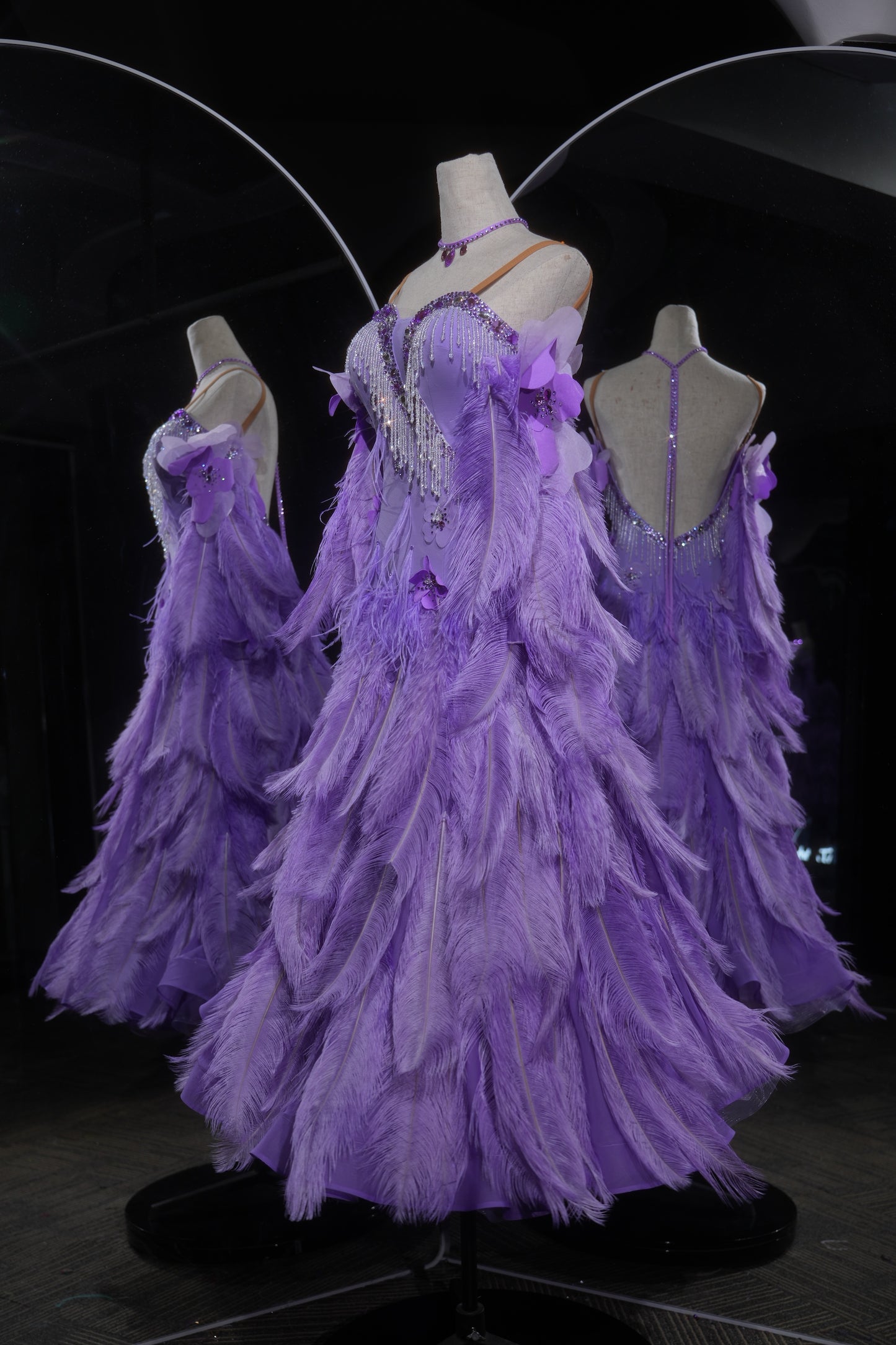MINEJAS.L543 Purple Feather Ballroom Dance Dress with Rhinestone Fringe Bodice | Strappy Standard Competition Gown