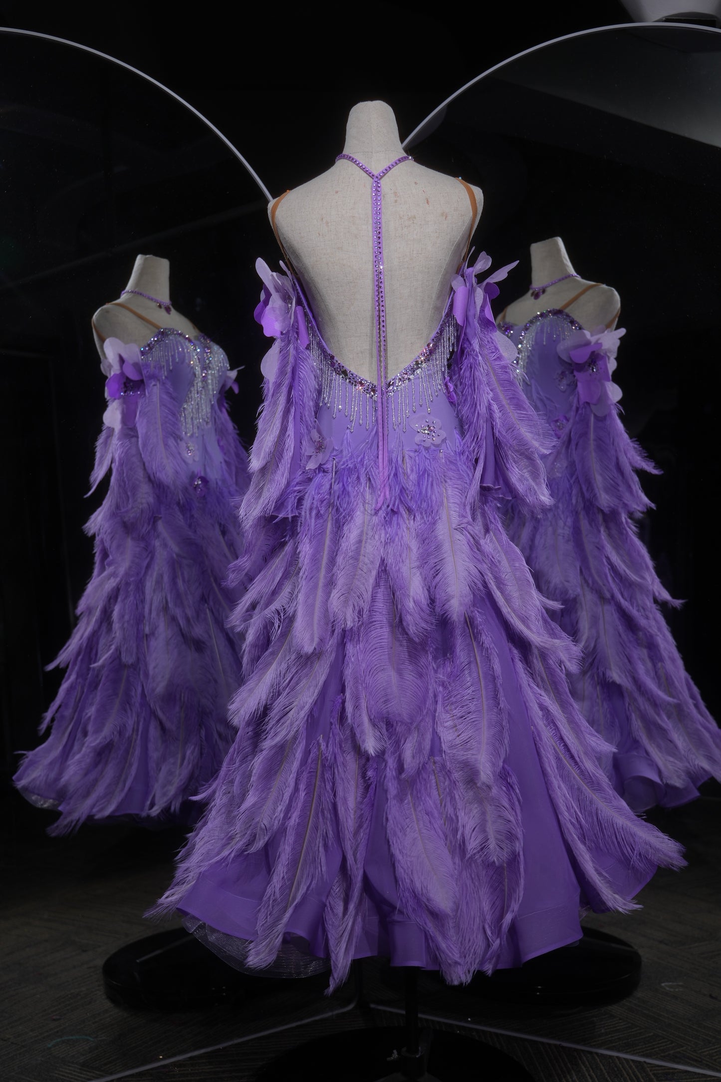 MINEJAS.L543 Purple Feather Ballroom Dance Dress with Rhinestone Fringe Bodice | Strappy Standard Competition Gown