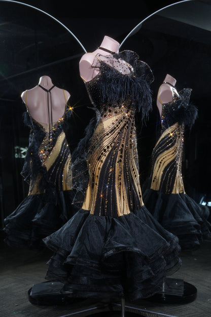 MINEJAS.L544 Black & Gold Swarovski Ballroom Dance Dress with Feather Neckline | Layered Skirt Standard Gown