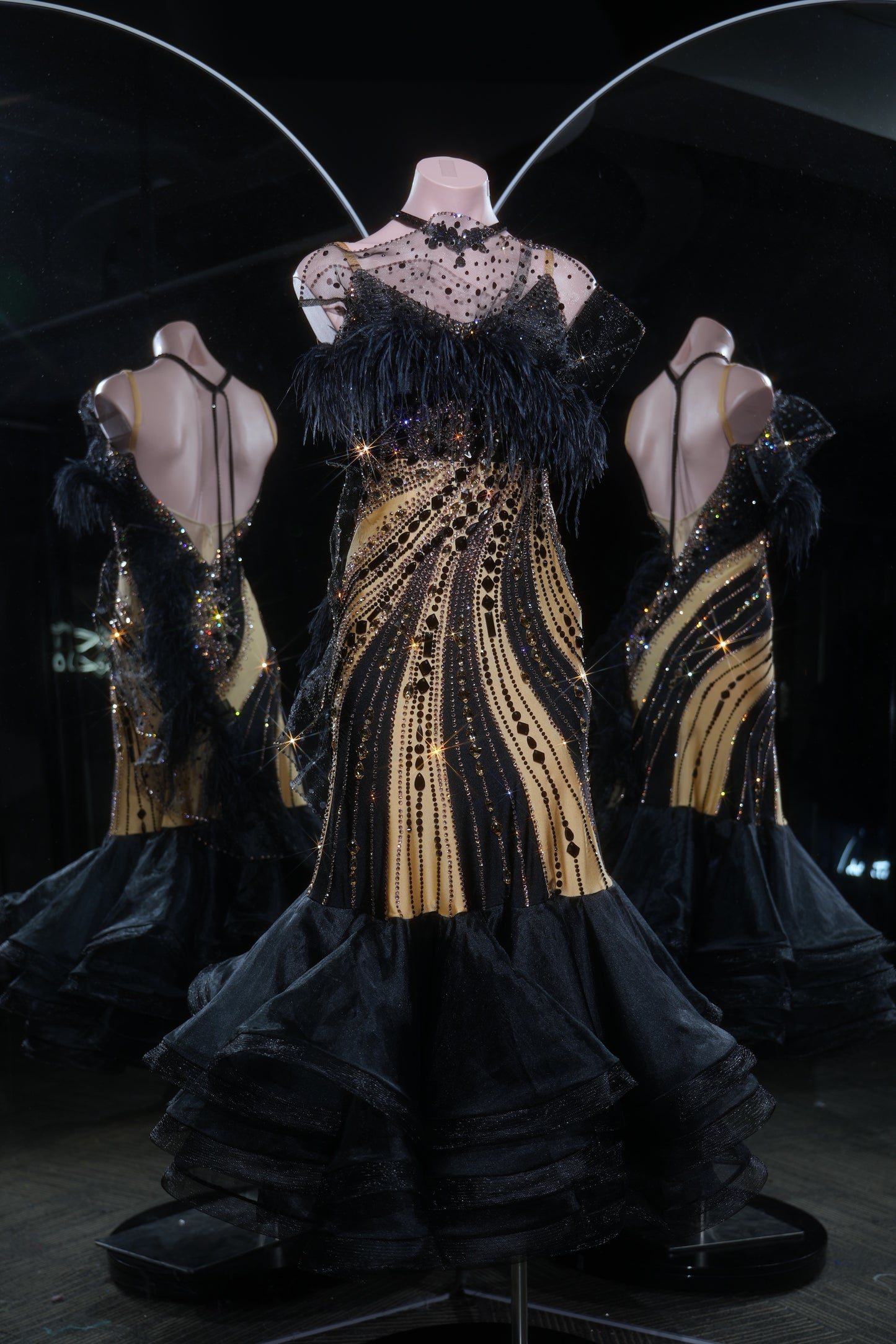 MINEJAS.L544 Black & Gold Swarovski Ballroom Dance Dress with Feather Neckline | Layered Skirt Standard Gown