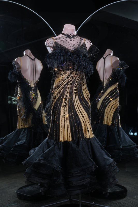 MINEJAS.L544 Black & Gold Swarovski Ballroom Dance Dress with Feather Neckline | Layered Skirt Standard Gown