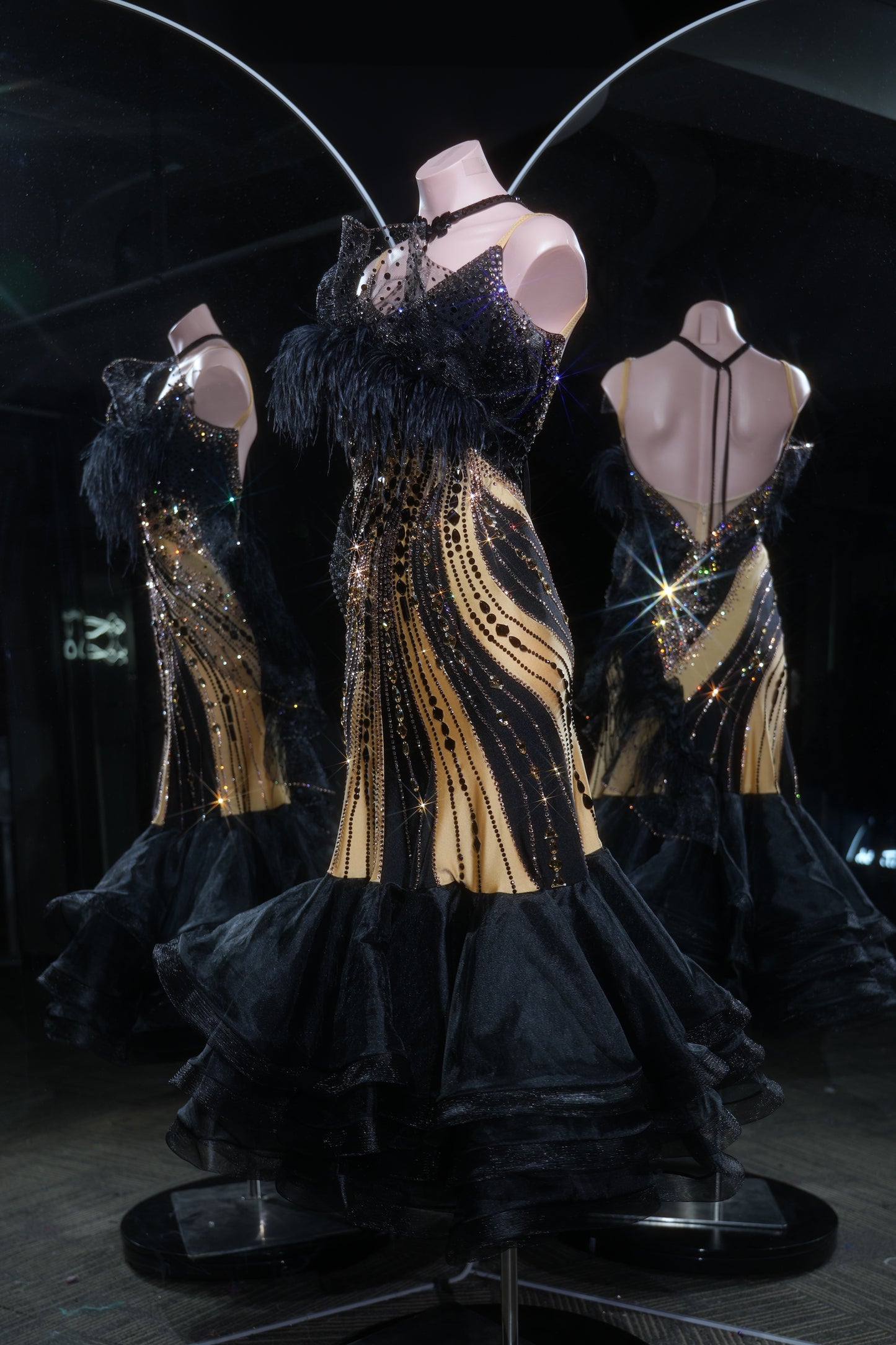 MINEJAS.L544 Black & Gold Swarovski Ballroom Dance Dress with Feather Neckline | Layered Skirt Standard Gown
