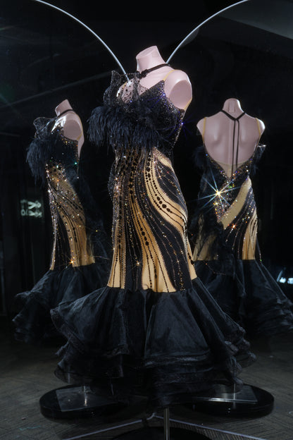 MINEJAS.L544 Black & Gold Swarovski Ballroom Dance Dress with Feather Neckline | Layered Skirt Standard Gown