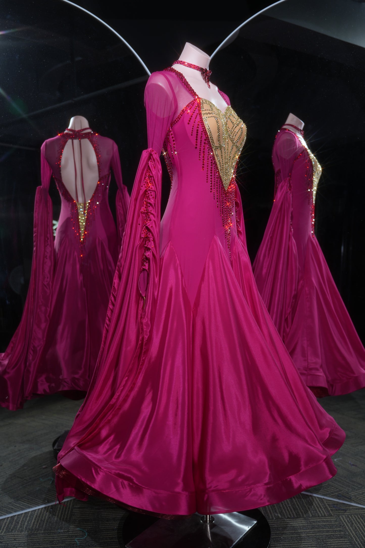 MINEJAS.L545 Fuchsia Pink Ballroom Dance Dress with Gold Rhinestone Heart Bodice | Long Sleeve Standard Gown