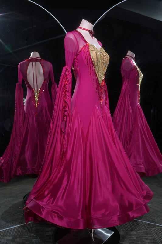 MINEJAS.L545 Fuchsia Pink Ballroom Dance Dress with Gold Rhinestone Heart Bodice | Long Sleeve Standard Gown
