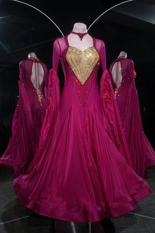 MINEJAS.L545 Fuchsia Pink Ballroom Dance Dress with Gold Rhinestone Heart Bodice | Long Sleeve Standard Gown