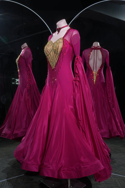 MINEJAS.L545 Fuchsia Pink Ballroom Dance Dress with Gold Rhinestone Heart Bodice | Long Sleeve Standard Gown