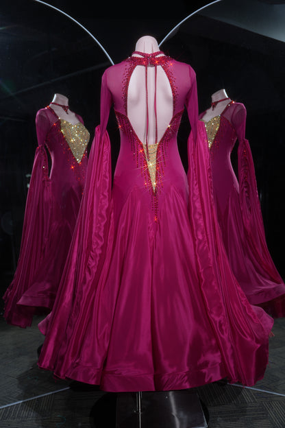 MINEJAS.L545 Fuchsia Pink Ballroom Dance Dress with Gold Rhinestone Heart Bodice | Long Sleeve Standard Gown