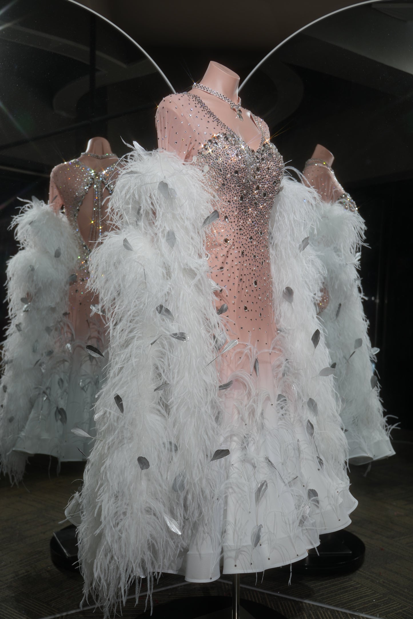MINEJAS.L546 Blush Pink to White Ombre Ballroom Dance Dress with Feather & Crystal Embellishments | Standard Competition Gown