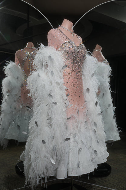 MINEJAS.L546 Blush Pink to White Ombre Ballroom Dance Dress with Feather & Crystal Embellishments | Standard Competition Gown