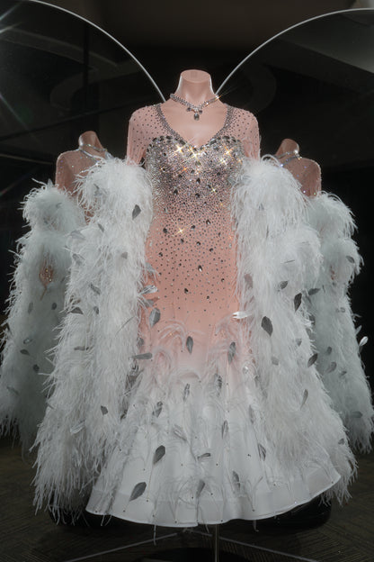 MINEJAS.L546 Blush Pink to White Ombre Ballroom Dance Dress with Feather & Crystal Embellishments | Standard Competition Gown