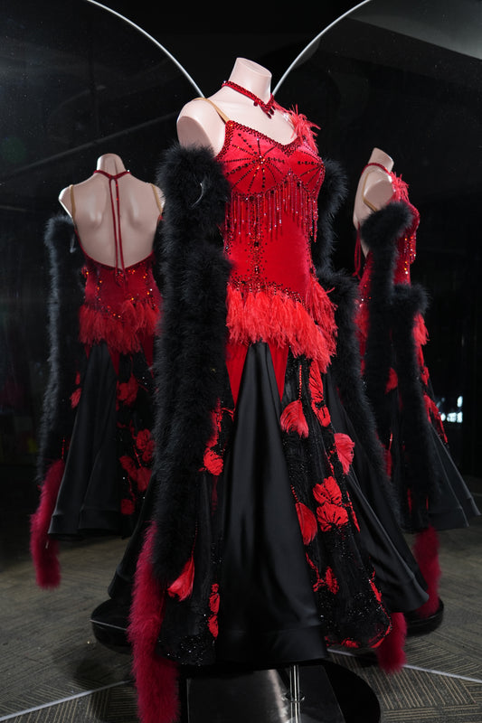 MINEJAS.L547 Red & Black Feather Ballroom Dance Dress with Velvet Bodice | Floral Appliqué Standard Gown