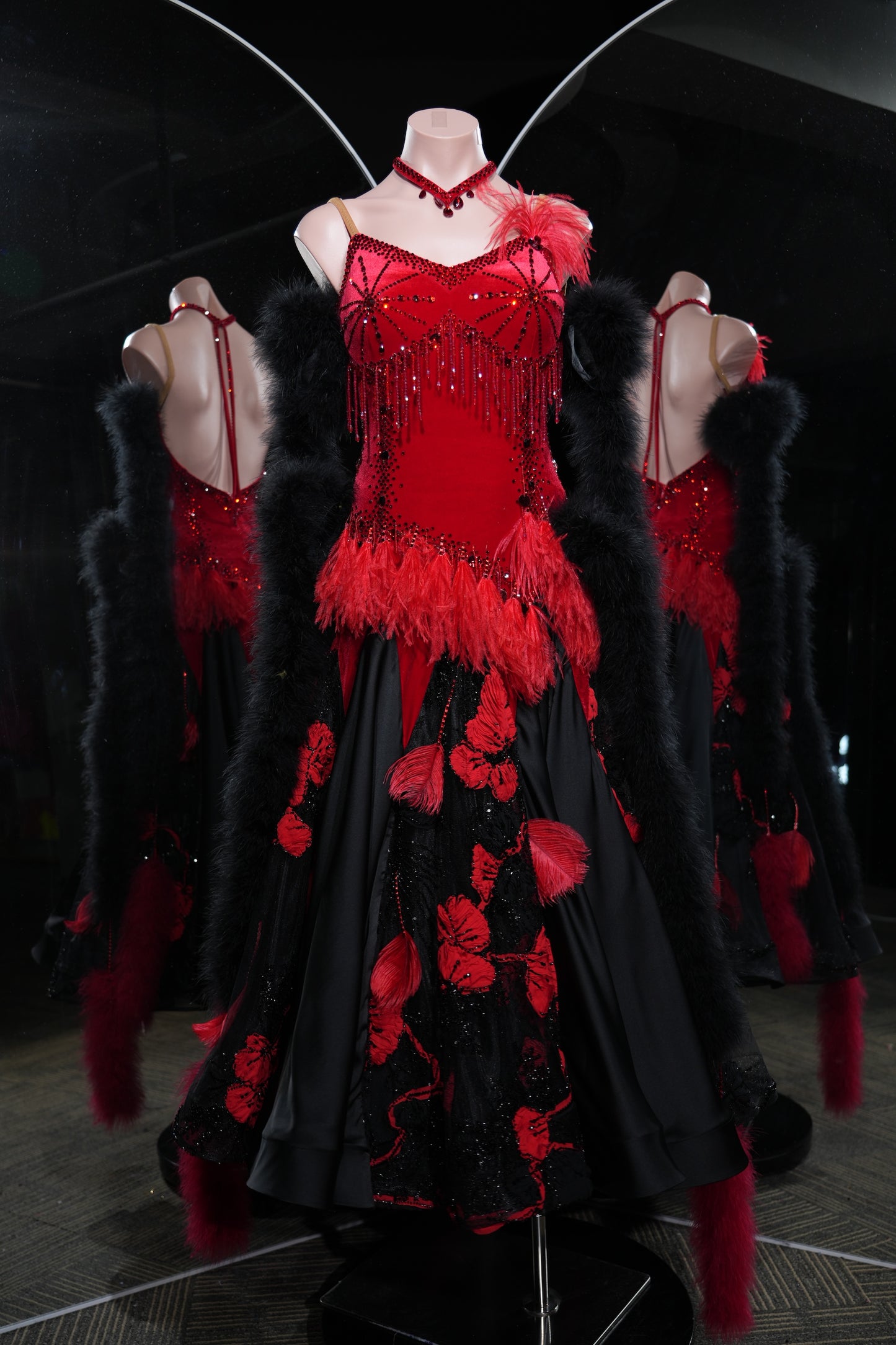 MINEJAS.L547 Red & Black Feather Ballroom Dance Dress with Velvet Bodice | Floral Appliqué Standard Gown