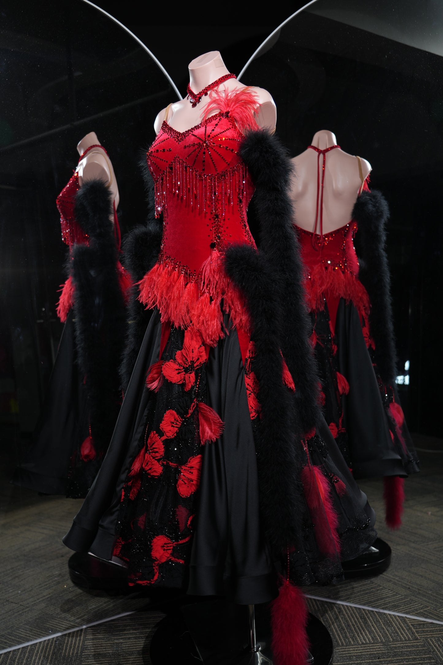 MINEJAS.L547 Red & Black Feather Ballroom Dance Dress with Velvet Bodice | Floral Appliqué Standard Gown