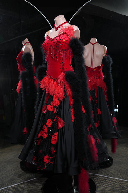 MINEJAS.L547 Red & Black Feather Ballroom Dance Dress with Velvet Bodice | Floral Appliqué Standard Gown