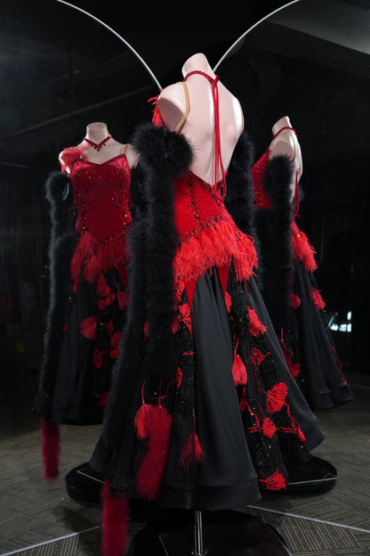 MINEJAS.L547 Red & Black Feather Ballroom Dance Dress with Velvet Bodice | Floral Appliqué Standard Gown