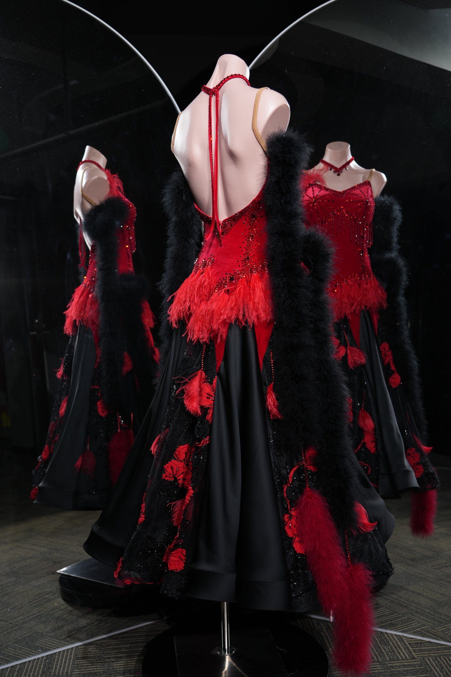 MINEJAS.L547 Red & Black Feather Ballroom Dance Dress with Velvet Bodice | Floral Appliqué Standard Gown