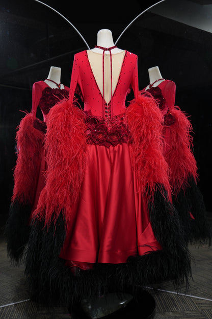 MINEJAS.L548 Red Ballroom Dance Dress with 3D Rose Embellishments & Feather Trim | Long Sleeve Standard Gown