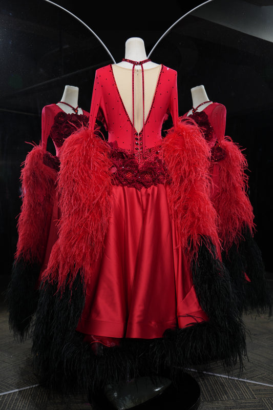MINEJAS.L548 Red Ballroom Dance Dress with 3D Rose Embellishments & Feather Trim | Long Sleeve Standard Gown