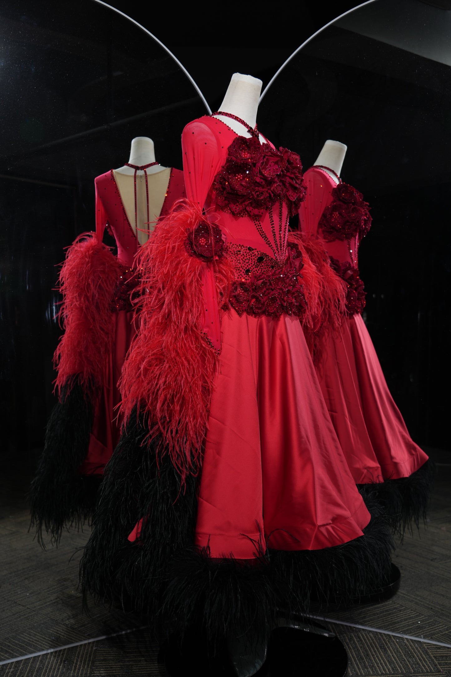 MINEJAS.L548 Red Ballroom Dance Dress with 3D Rose Embellishments & Feather Trim | Long Sleeve Standard Gown