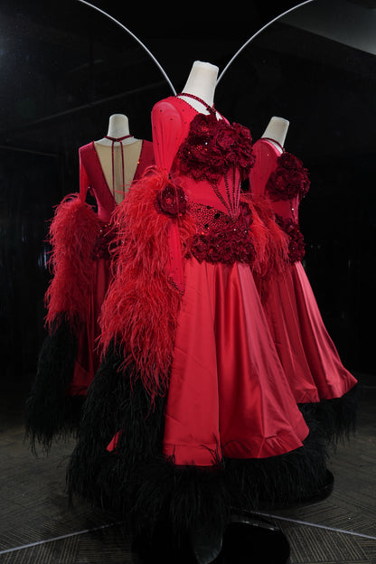 MINEJAS.L548 Red Ballroom Dance Dress with 3D Rose Embellishments & Feather Trim | Long Sleeve Standard Gown