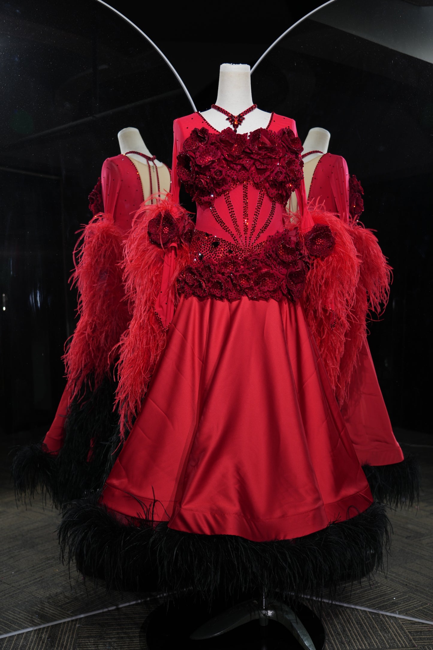 MINEJAS.L548 Red Ballroom Dance Dress with 3D Rose Embellishments & Feather Trim | Long Sleeve Standard Gown