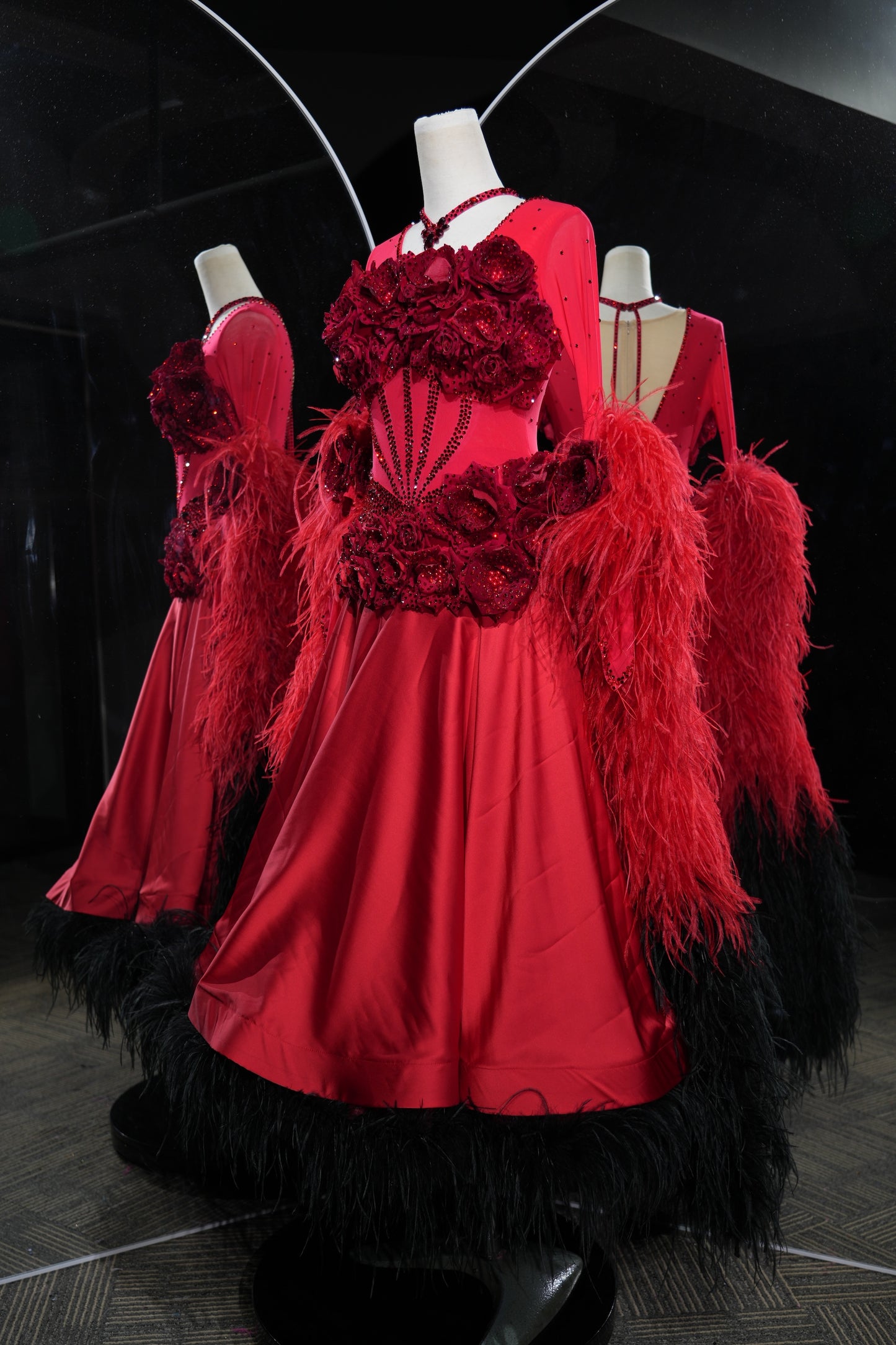 MINEJAS.L548 Red Ballroom Dance Dress with 3D Rose Embellishments & Feather Trim | Long Sleeve Standard Gown