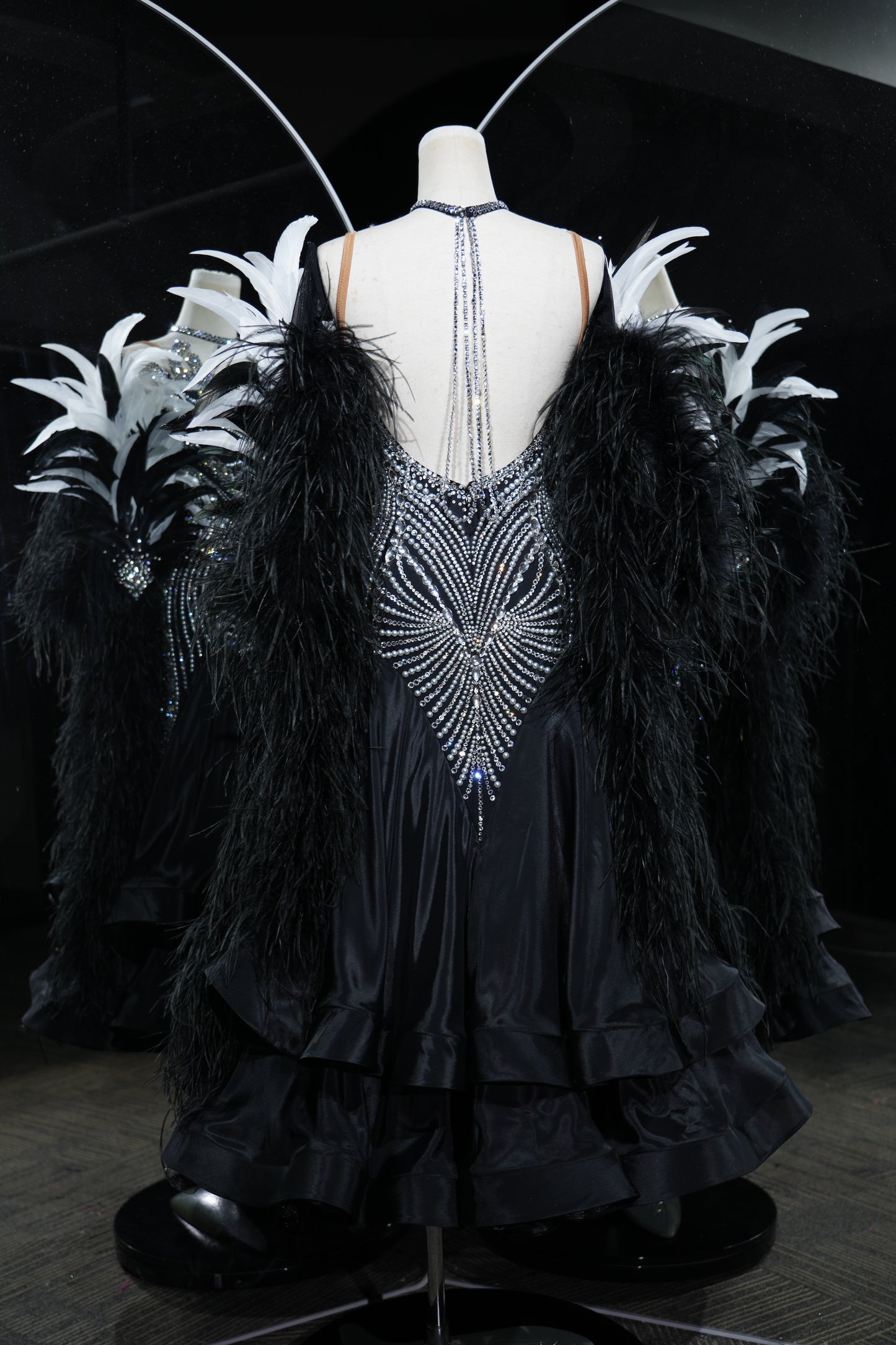 MINEJAS.L549 Black Ballroom Dance Dress with Silver Fan-Shaped Rhinestone Bodice & Feather Sleeves | Standard Competition Gown