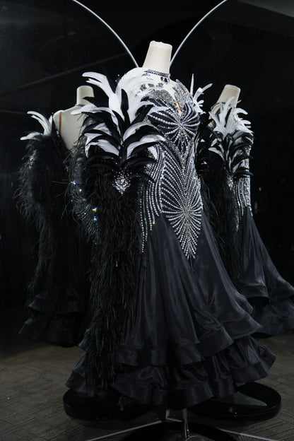 MINEJAS.L549 Black Ballroom Dance Dress with Silver Fan-Shaped Rhinestone Bodice & Feather Sleeves | Standard Competition Gown