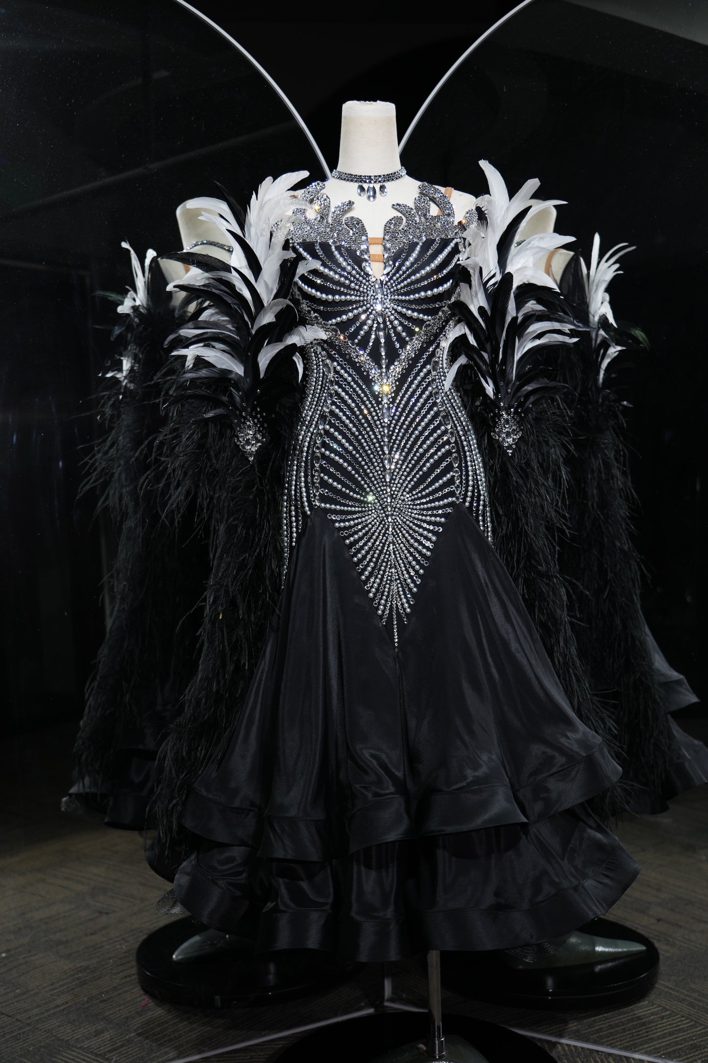 MINEJAS.L549 Black Ballroom Dance Dress with Silver Fan-Shaped Rhinestone Bodice & Feather Sleeves | Standard Competition Gown