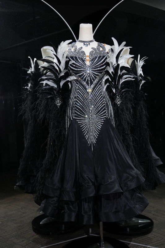 MINEJAS.L549 Black Ballroom Dance Dress with Silver Fan-Shaped Rhinestone Bodice & Feather Sleeves | Standard Competition Gown