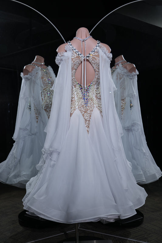MINEJAS.L550 White Lace & Pearl Ballroom Dance Dress with Off-Shoulder Chiffon Cape | Standard Competition Gown