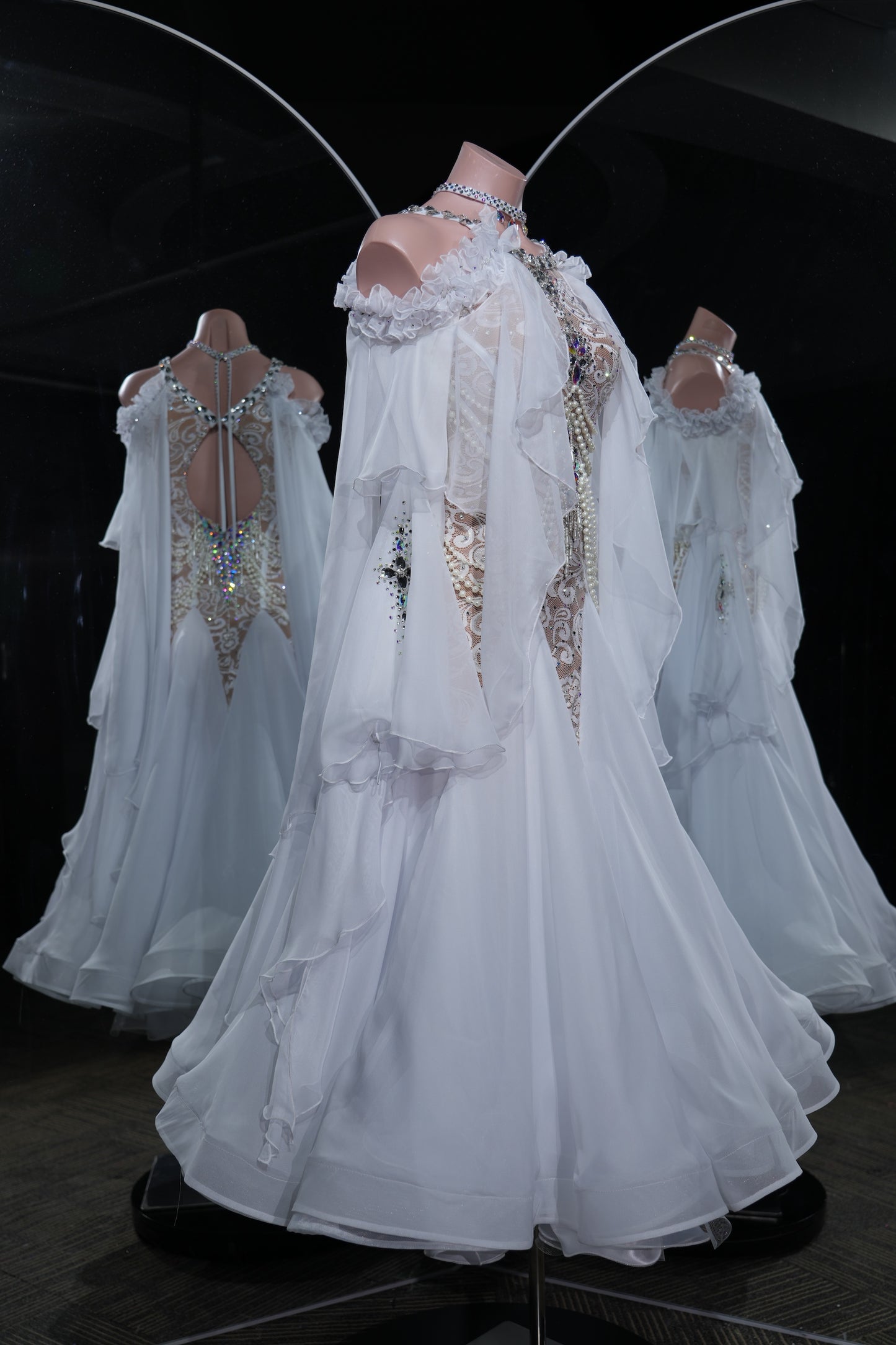 MINEJAS.L550 White Lace & Pearl Ballroom Dance Dress with Off-Shoulder Chiffon Cape | Standard Competition Gown
