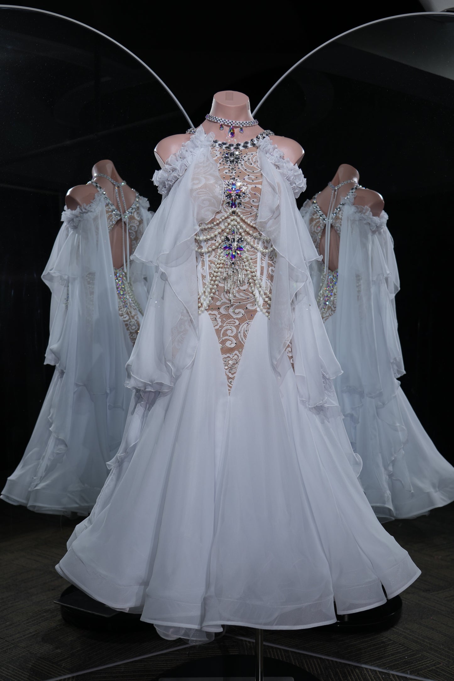 MINEJAS.L550 White Lace & Pearl Ballroom Dance Dress with Off-Shoulder Chiffon Cape | Standard Competition Gown