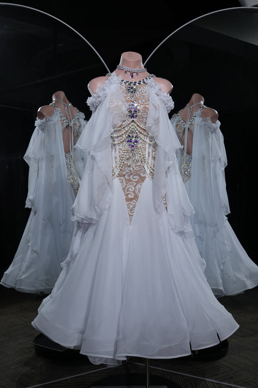 MINEJAS.L550 White Lace & Pearl Ballroom Dance Dress with Off-Shoulder Chiffon Cape | Standard Competition Gown