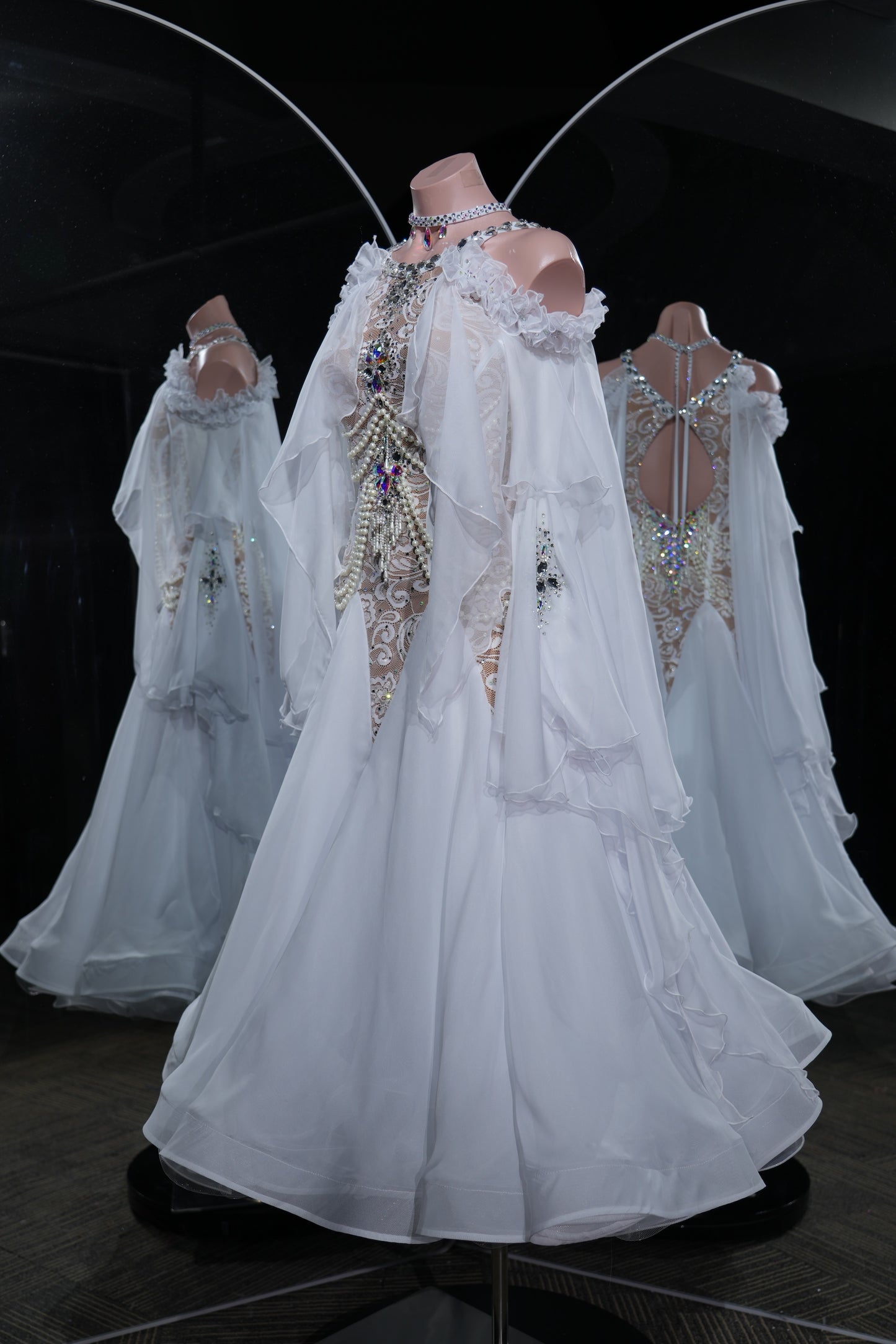 MINEJAS.L550 White Lace & Pearl Ballroom Dance Dress with Off-Shoulder Chiffon Cape | Standard Competition Gown
