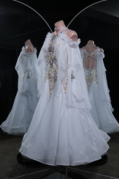 MINEJAS.L550 White Lace & Pearl Ballroom Dance Dress with Off-Shoulder Chiffon Cape | Standard Competition Gown