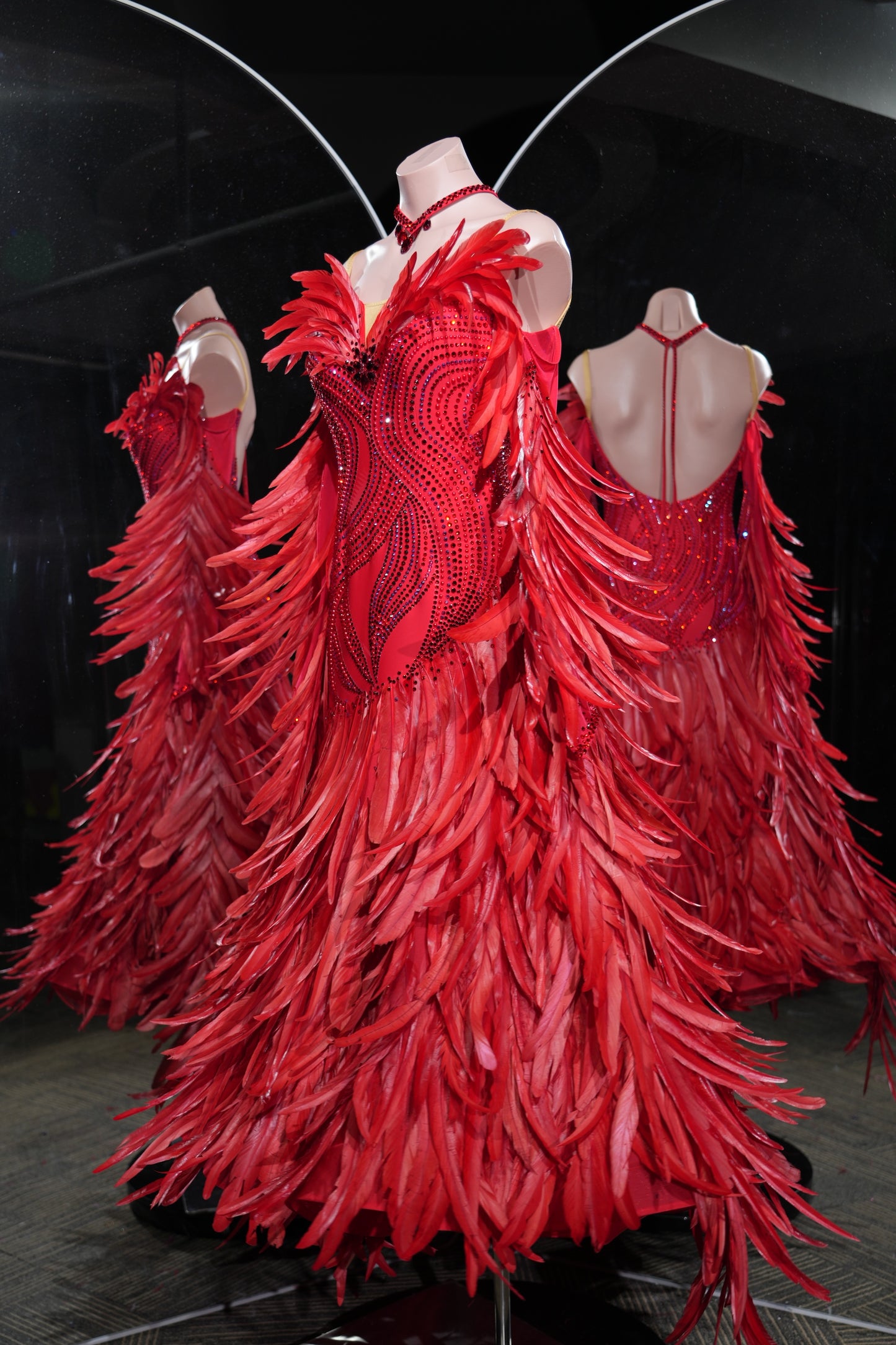 MINEJAS.L551 Red Feather Ballroom Dance Dress with Swarovski Rhinestone Bodice | Open-Back Standard Competition Gown