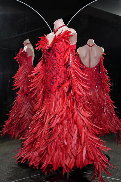 MINEJAS.L551 Red Feather Ballroom Dance Dress with Swarovski Rhinestone Bodice | Open-Back Standard Competition Gown