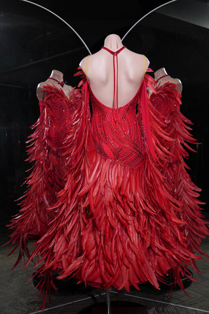 MINEJAS.L551 Red Feather Ballroom Dance Dress with Swarovski Rhinestone Bodice | Open-Back Standard Competition Gown