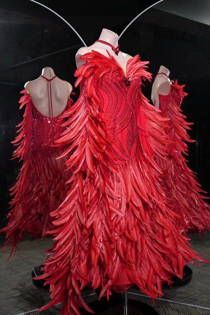 MINEJAS.L551 Red Feather Ballroom Dance Dress with Swarovski Rhinestone Bodice | Open-Back Standard Competition Gown