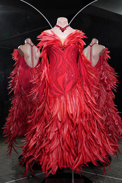 MINEJAS.L551 Red Feather Ballroom Dance Dress with Swarovski Rhinestone Bodice | Open-Back Standard Competition Gown