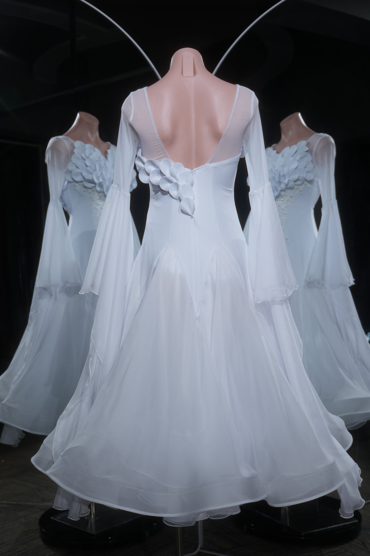 MINEJAS.L552 White Ballroom Dance Dress with 3D Petal Appliqués & Pearl Embroidery | Long Sleeve Standard Gown