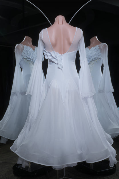 MINEJAS.L552 White Ballroom Dance Dress with 3D Petal Appliqués & Pearl Embroidery | Long Sleeve Standard Gown