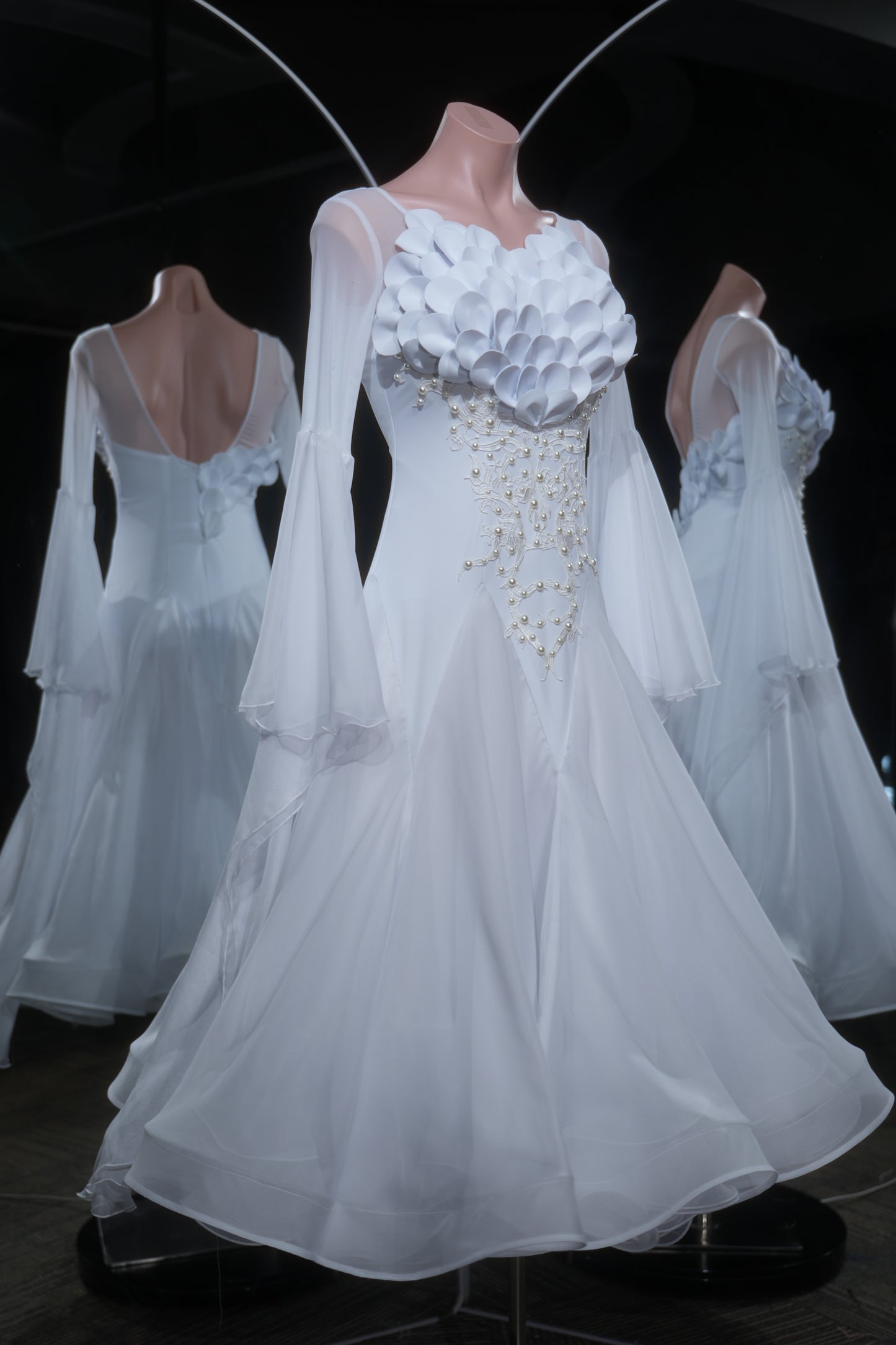 MINEJAS.L552 White Ballroom Dance Dress with 3D Petal Appliqués & Pearl Embroidery | Long Sleeve Standard Gown