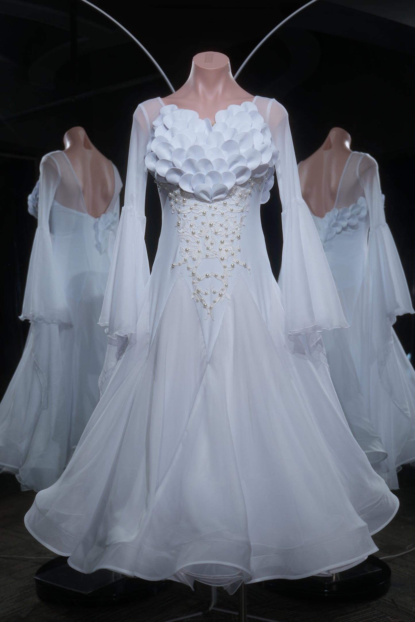 MINEJAS.L552 White Ballroom Dance Dress with 3D Petal Appliqués & Pearl Embroidery | Long Sleeve Standard Gown