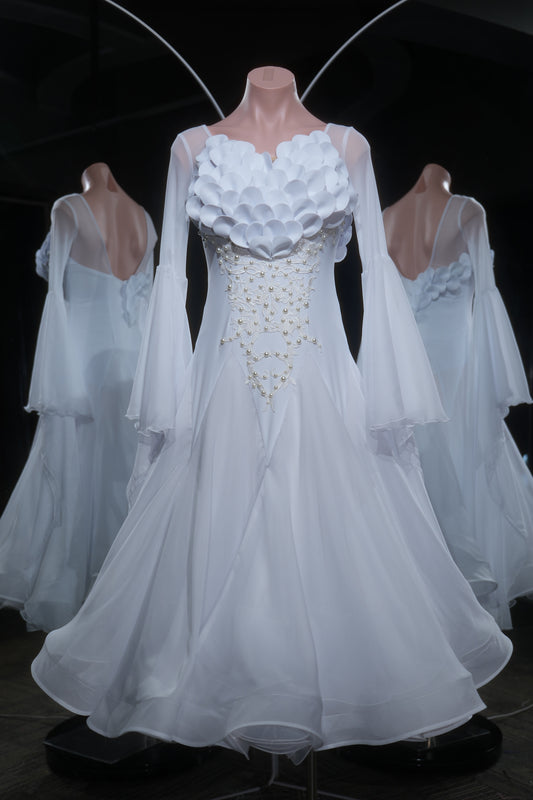 MINEJAS.L552 White Ballroom Dance Dress with 3D Petal Appliqués & Pearl Embroidery | Long Sleeve Standard Gown